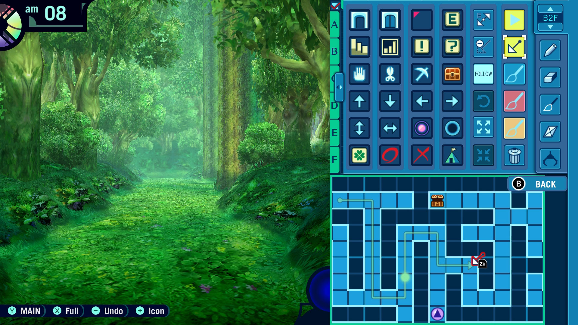 A screen split in two; the left half is a green forest labyrinth, the right half is an editable grid map.